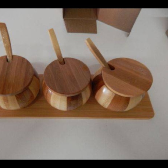 Condiment Bamboo Wood Set of 3 with spoons! - Picture 4 of 6